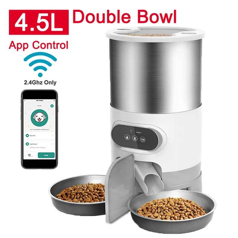 Smart App-Controlled Stainless Steel Cat Feeder - Automatic Double Meal Dispenser for Cats and Dogs