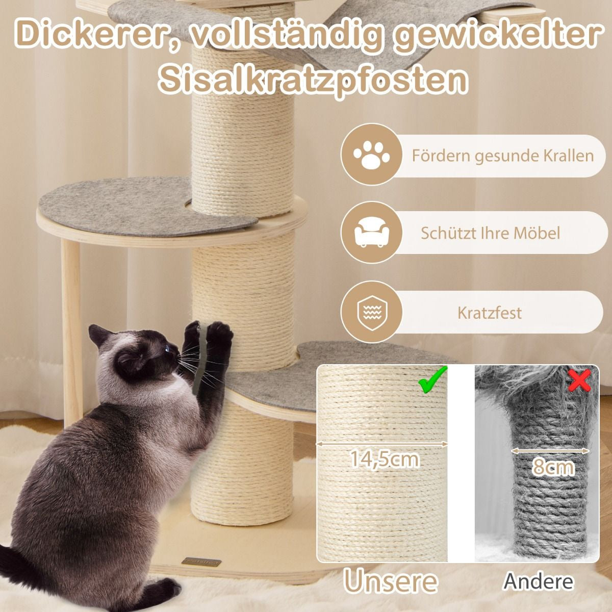 120 cm Wooden Cat Tree with Hammock, 3 Platforms, and Sisal Carpet in Gray