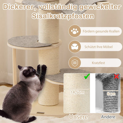 120 cm Wooden Cat Tree with Hammock, 3 Platforms, and Sisal Carpet in Gray