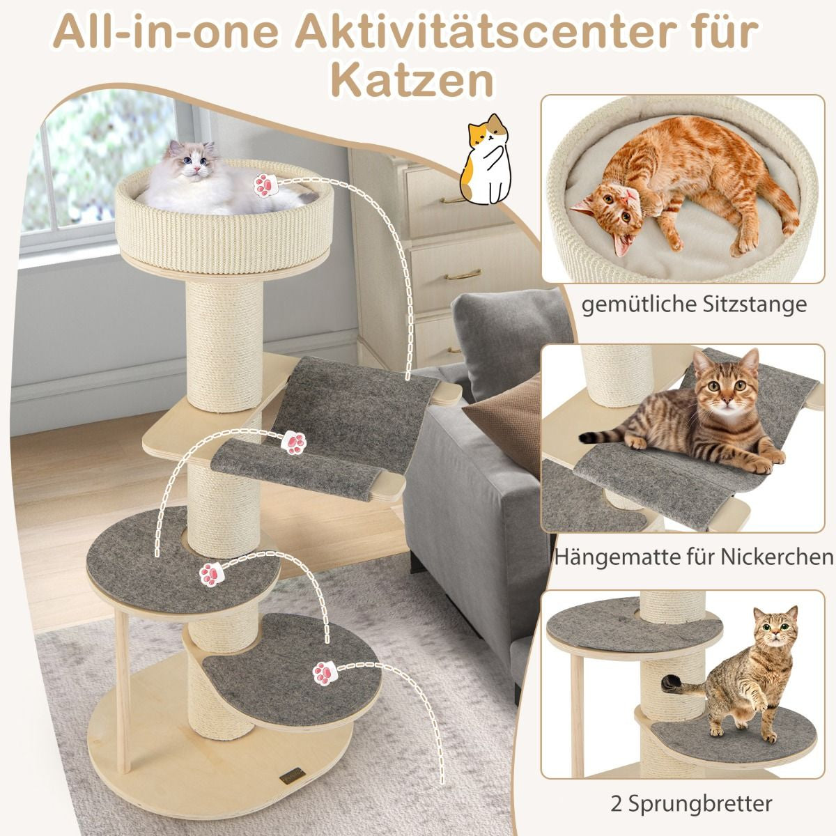 120 cm Wooden Cat Tree with Hammock, 3 Platforms, and Sisal Carpet in Gray