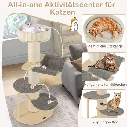 120 cm Wooden Cat Tree with Hammock, 3 Platforms, and Sisal Carpet in Gray