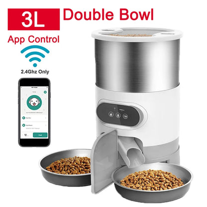Smart App-Controlled Stainless Steel Cat Feeder - Automatic Double Meal Dispenser for Cats and Dogs
