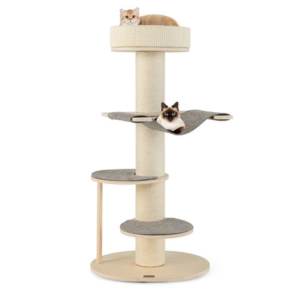 120 cm Wooden Cat Tree with Hammock, 3 Platforms, and Sisal Carpet in Gray