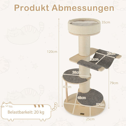 120 cm Wooden Cat Tree with Hammock, 3 Platforms, and Sisal Carpet in Gray