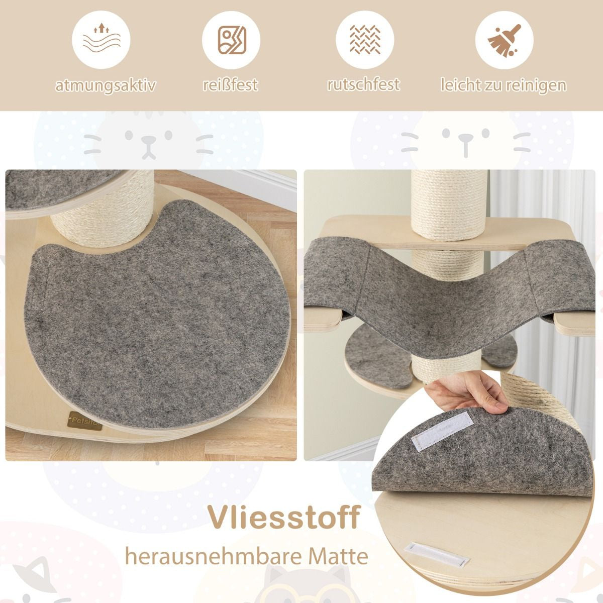 120 cm Wooden Cat Tree with Hammock, 3 Platforms, and Sisal Carpet in Gray