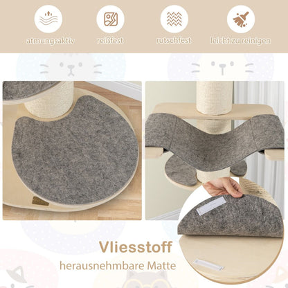120 cm Wooden Cat Tree with Hammock, 3 Platforms, and Sisal Carpet in Gray