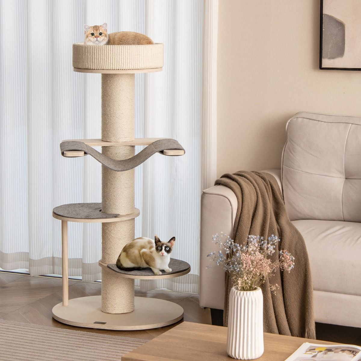120 cm Wooden Cat Tree with Hammock, 3 Platforms, and Sisal Carpet in Gray