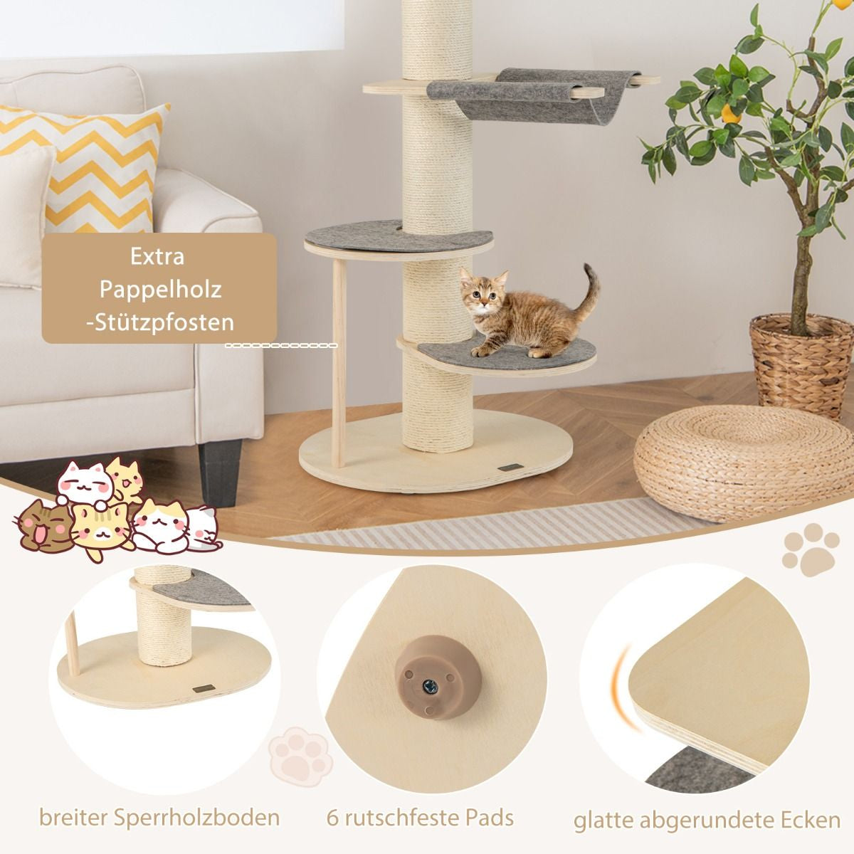 120 cm Wooden Cat Tree with Hammock, 3 Platforms, and Sisal Carpet in Gray
