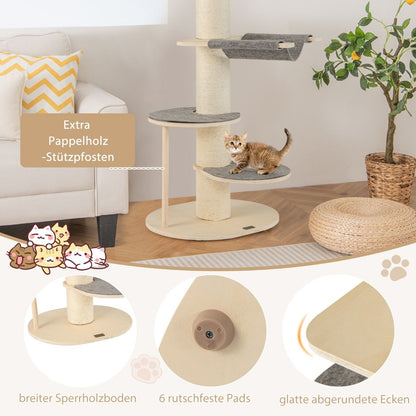 120 cm Wooden Cat Tree with Hammock, 3 Platforms, and Sisal Carpet in Gray